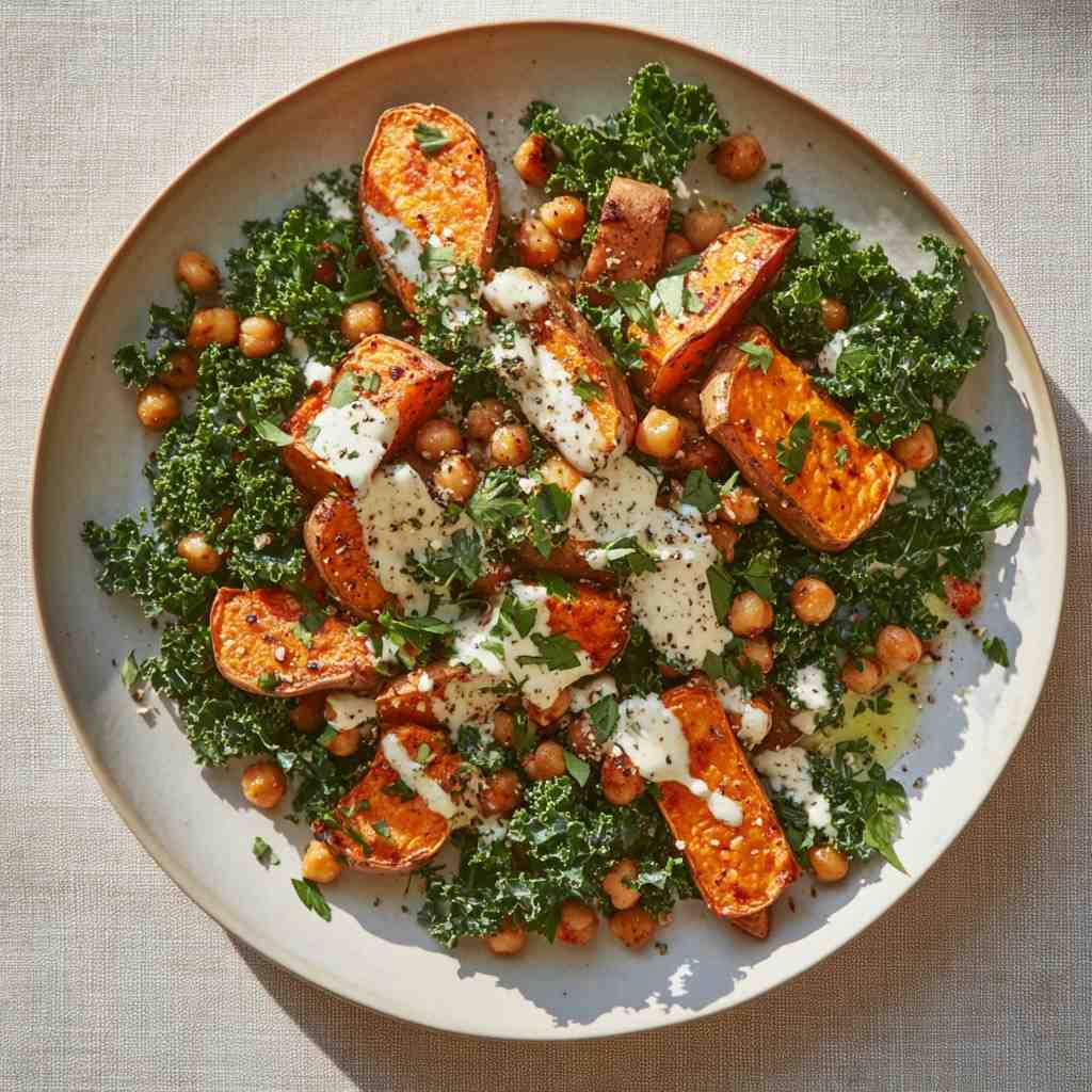 Salade de patate douce & kale, sauce cajou crémeuse