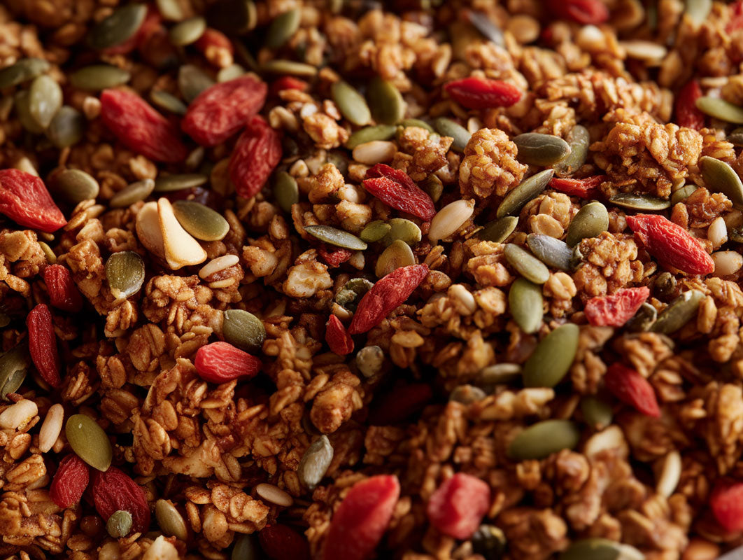 Granola maison au sarrasin, graines, coco & baies de goji